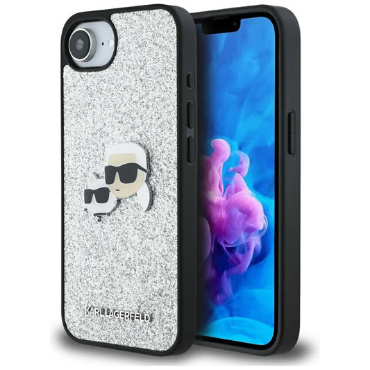 Ovitek za Apple iPhone 16e, Karl Lagerfeld, Glitter Fixed Karl & Choupette's Heads, Srebrn.