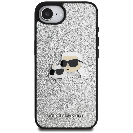Ovitek za Apple iPhone 16e, Karl Lagerfeld, Glitter Fixed Karl & Choupette's Heads, Srebrn.