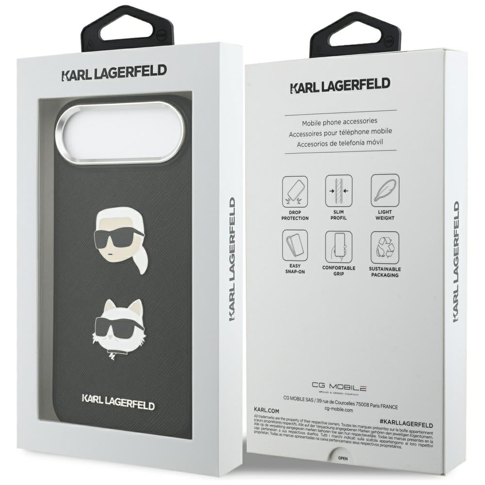 Ovitek za Apple iPhone 17 Air, Karl Lagerfeld, Grained Karl & Choupette's Heads Pins and Logo, črn