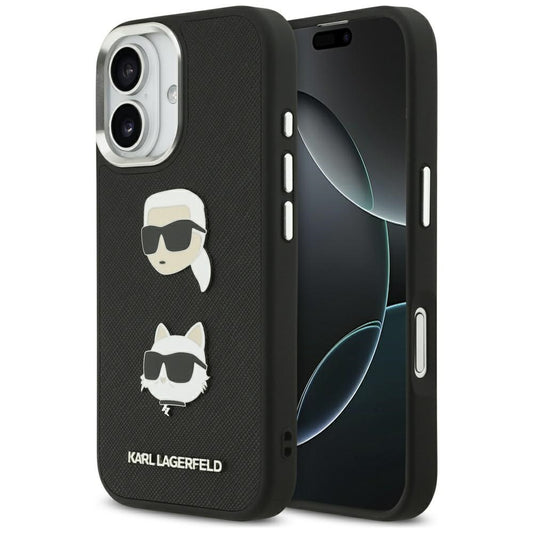 Ovitek za Apple iPhone 17, Karl Lagerfeld, Grained Karl & Choupette's Heads Pins and Logo, črn