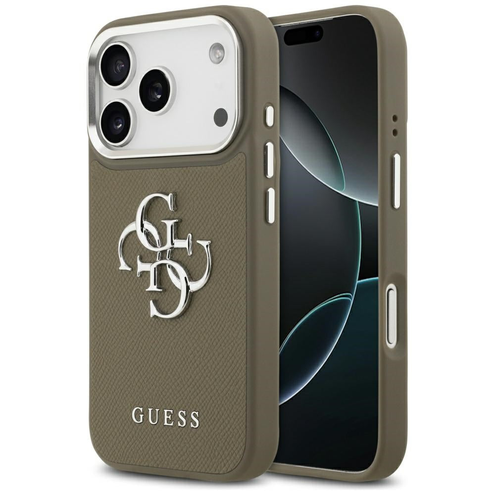 Ovitek za Apple iPhone 17 Pro, Guess, 4G Grained Big And Classic Logo, Srebrno rjava