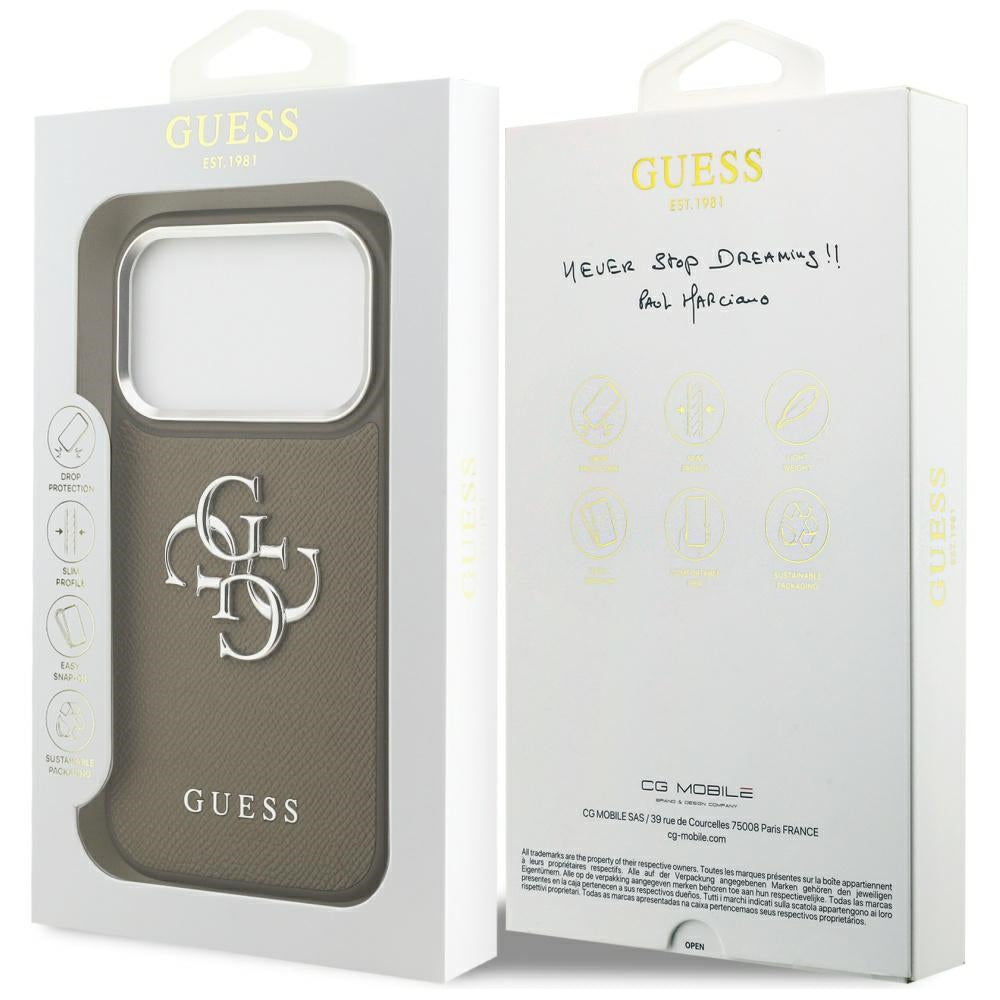 Ovitek za Apple iPhone 17 Pro, Guess, 4G Grained Big And Classic Logo, Srebrno rjava