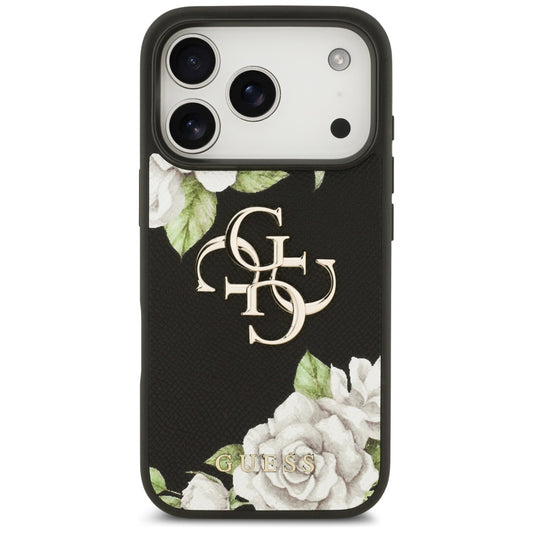 Ovitek za Apple iPhone 17 Pro, Guess, 4G Grained Roses Big Logo, črn
