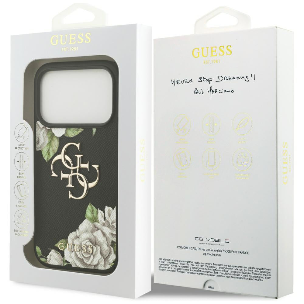 Ovitek za Apple iPhone 17 Pro, Guess, 4G Grained Roses Big Logo, črn