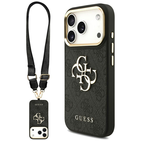 Ovitek za Apple iPhone 17 Pro, Guess, Big 4G Classic Logo with Big Strap, črn