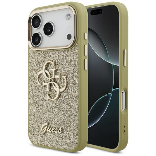 Ovitek za Apple iPhone 17 Pro, Guess, Fixed Glitter Big 4G Metal Frame, Zlat
