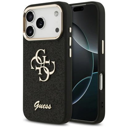 Ovitek za Apple iPhone 17 Pro, Guess, Fixed Glitter Big 4G Metal Frame, črn