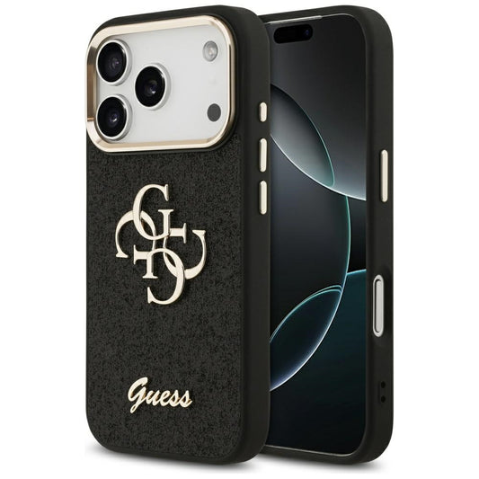 Ovitek za Apple iPhone 17 Pro, Guess, Fixed Glitter Big 4G Metal Frame, črn