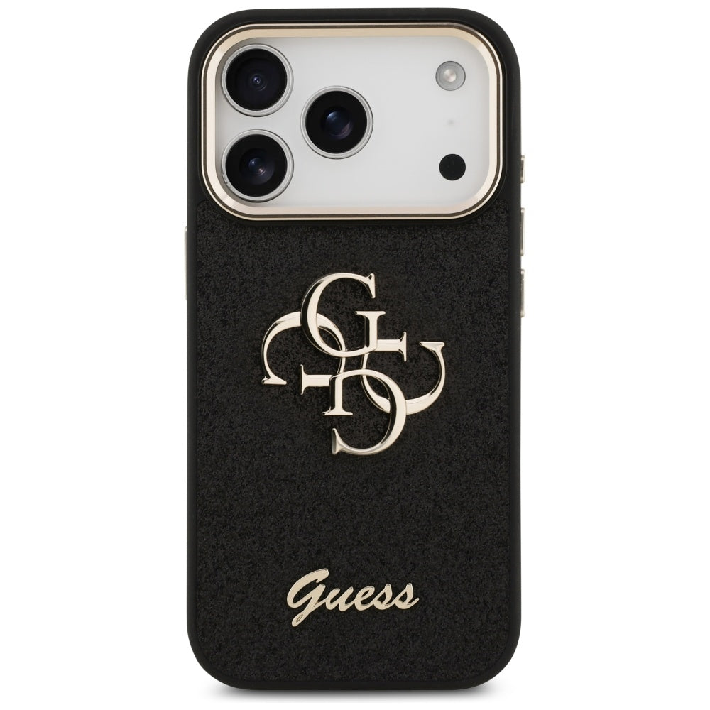 Ovitek za Apple iPhone 17 Pro, Guess, Fixed Glitter Big 4G Metal Frame, črn