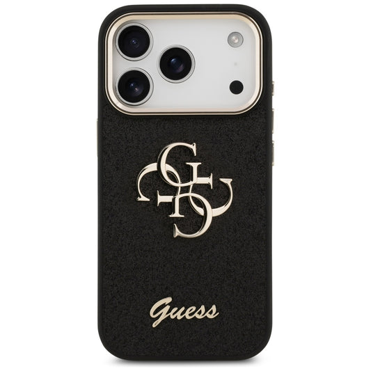 Ovitek za Apple iPhone 17 Pro, Guess, Fixed Glitter Big 4G Metal Frame, črn