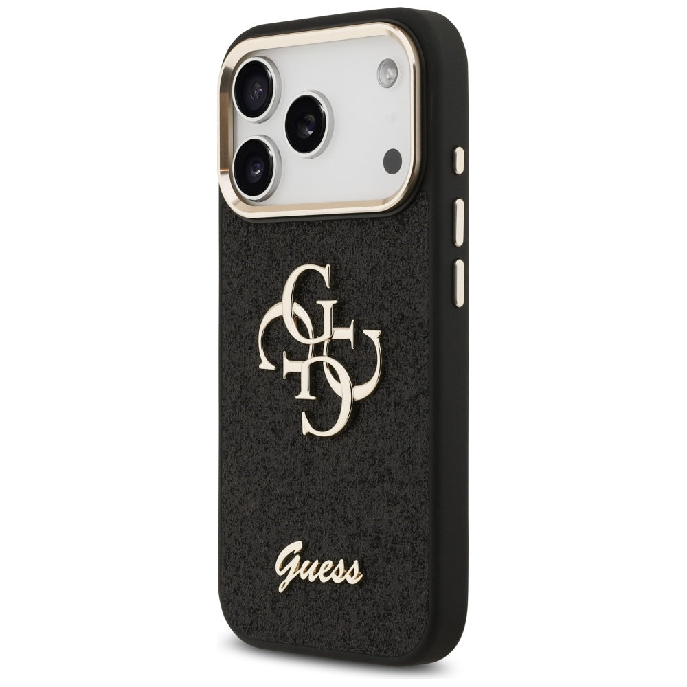 Ovitek za Apple iPhone 17 Pro, Guess, Fixed Glitter Big 4G Metal Frame, črn
