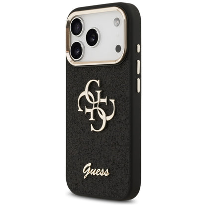 Ovitek za Apple iPhone 17 Pro, Guess, Fixed Glitter Big 4G Metal Frame, črn