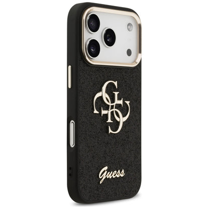 Ovitek za Apple iPhone 17 Pro, Guess, Fixed Glitter Big 4G Metal Frame, črn