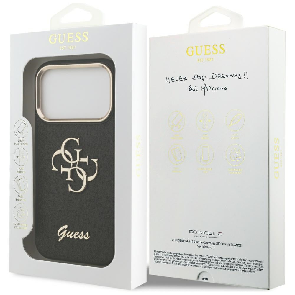 Ovitek za Apple iPhone 17 Pro, Guess, Fixed Glitter Big 4G Metal Frame, črn