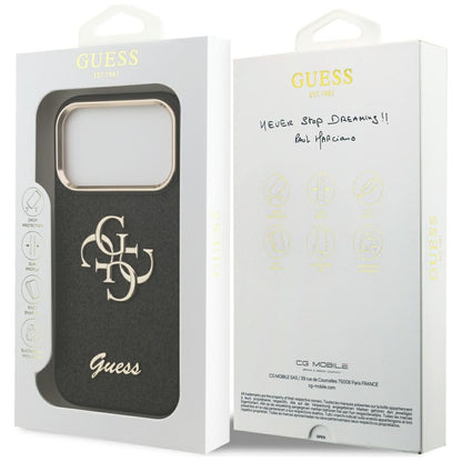 Ovitek za Apple iPhone 17 Pro, Guess, Fixed Glitter Big 4G Metal Frame, črn