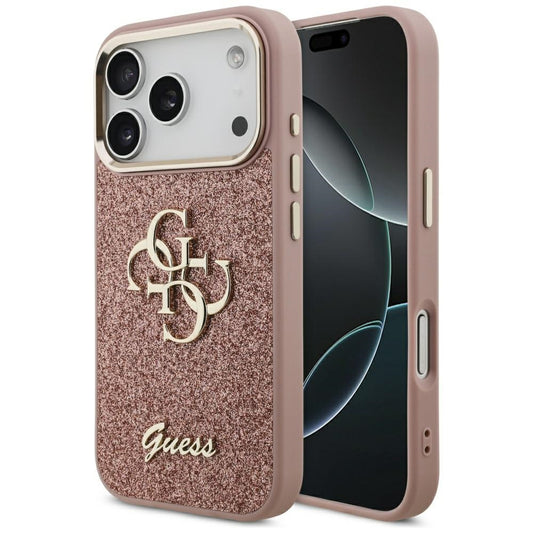 Ovitek za Apple iPhone 17 Pro, Guess, Fixed Glitter Big 4G Metal Frame, Roza