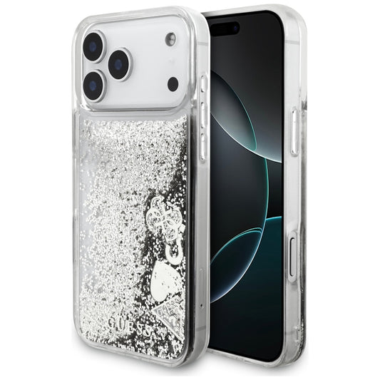 Ovitek za Apple iPhone 17 Pro, Guess, Liquid Glitter Charms, Srebrn.