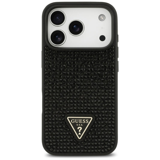 Ovitek za Apple iPhone 17 Pro, Guess, Rhinestone Triangle Logo, črn