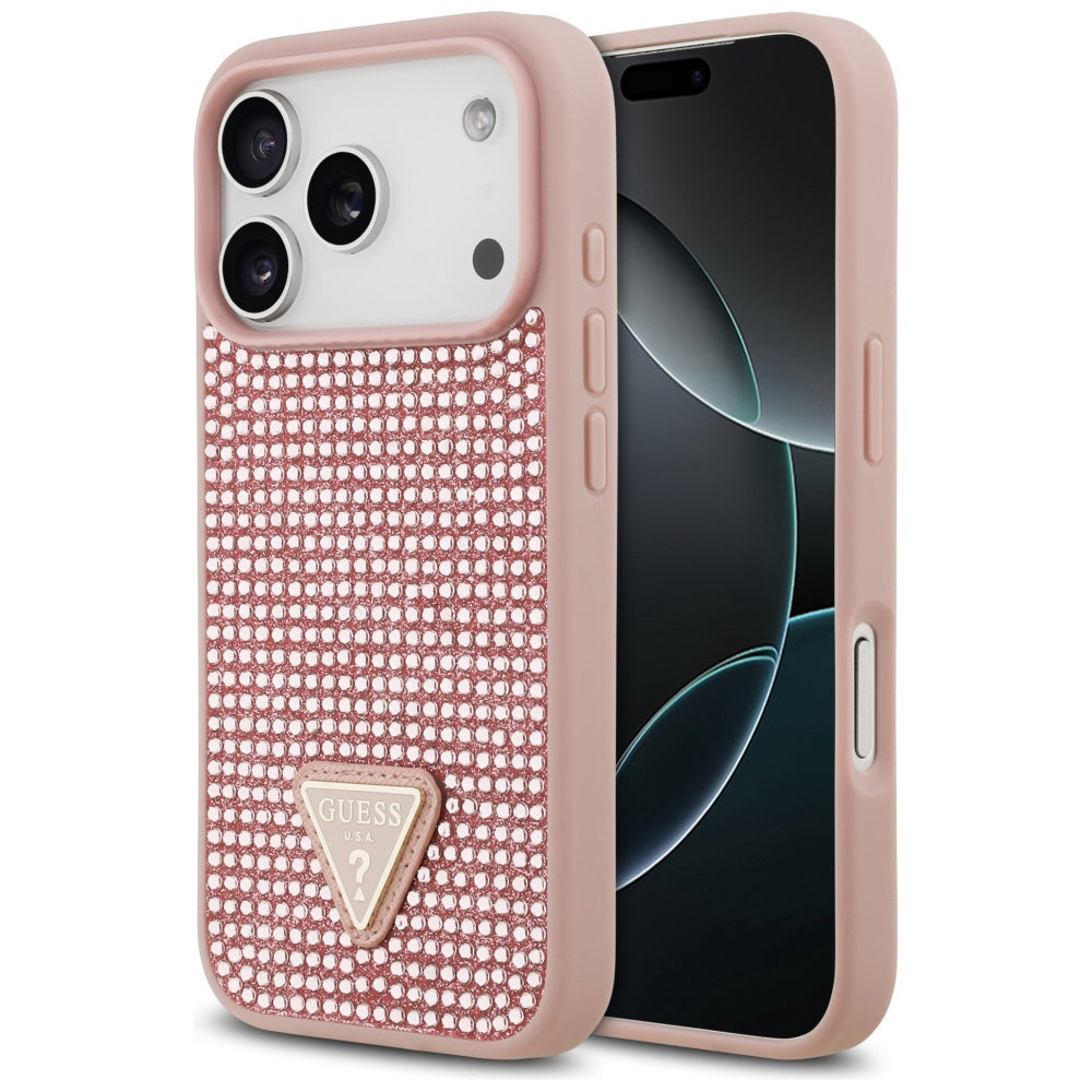 Ovitek za Apple iPhone 17 Pro, Guess, Rhinestone Triangle Logo, Roza