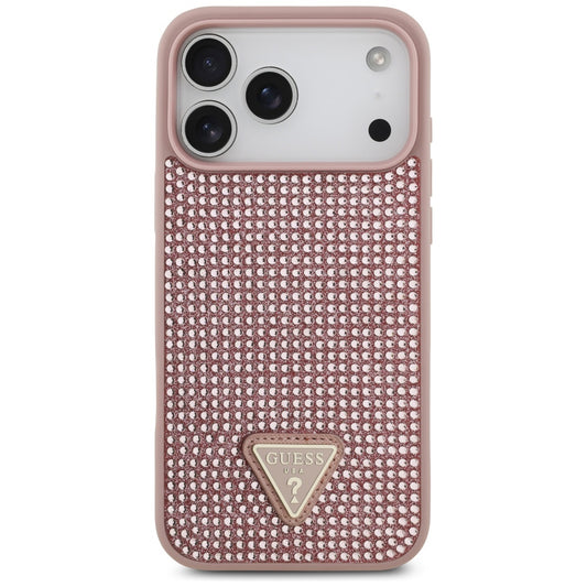 Ovitek za Apple iPhone 17 Pro, Guess, Rhinestone Triangle Logo, Roza