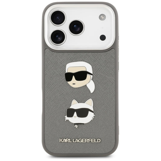Ovitek za Apple iPhone 17 Pro, Karl Lagerfeld, Grained Karl & Choupette's Heads Pins and Logo, Siv