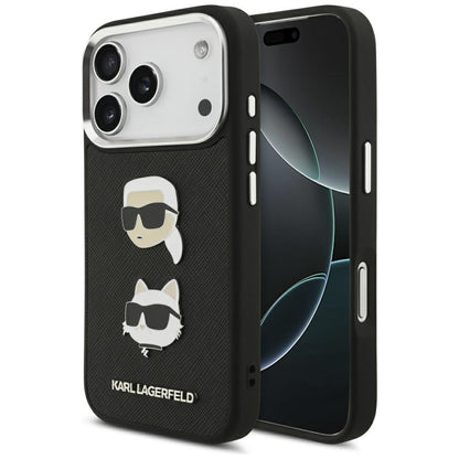 Ovitek za Apple iPhone 17 Pro, Karl Lagerfeld, Grained Karl & Choupette's Heads Pins and Logo, črn