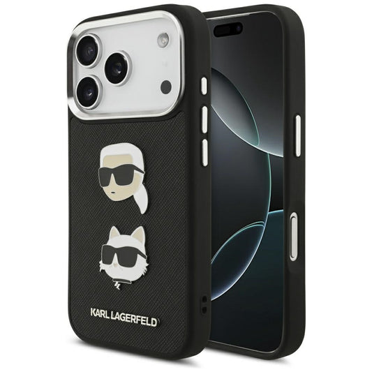 Ovitek za Apple iPhone 17 Pro, Karl Lagerfeld, Grained Karl & Choupette's Heads Pins and Logo, črn
