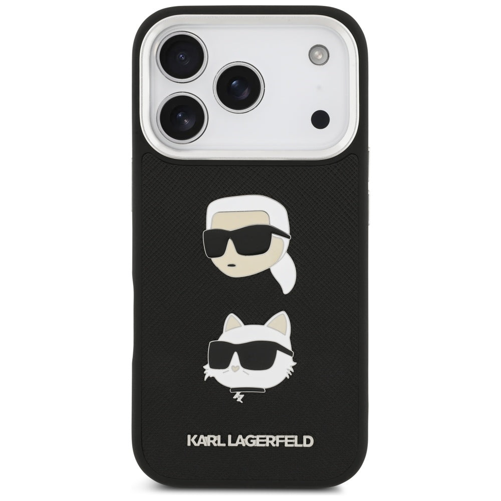 Ovitek za Apple iPhone 17 Pro, Karl Lagerfeld, Grained Karl & Choupette's Heads Pins and Logo, črn
