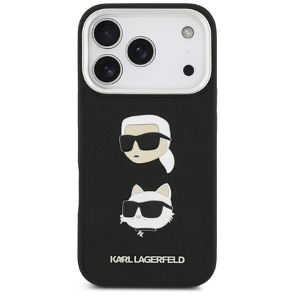 Ovitek za Apple iPhone 17 Pro, Karl Lagerfeld, Grained Karl & Choupette's Heads Pins and Logo, črn