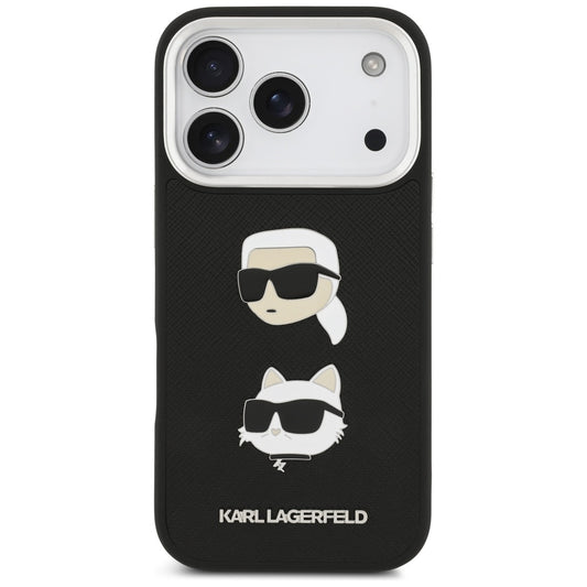 Ovitek za Apple iPhone 17 Pro, Karl Lagerfeld, Grained Karl & Choupette's Heads Pins and Logo, črn