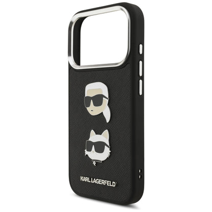 Ovitek za Apple iPhone 17 Pro, Karl Lagerfeld, Grained Karl & Choupette's Heads Pins and Logo, črn