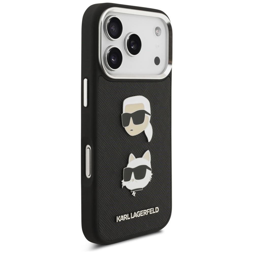 Ovitek za Apple iPhone 17 Pro, Karl Lagerfeld, Grained Karl & Choupette's Heads Pins and Logo, črn