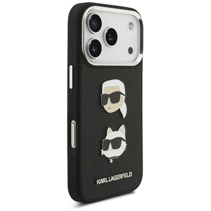 Ovitek za Apple iPhone 17 Pro, Karl Lagerfeld, Grained Karl & Choupette's Heads Pins and Logo, črn