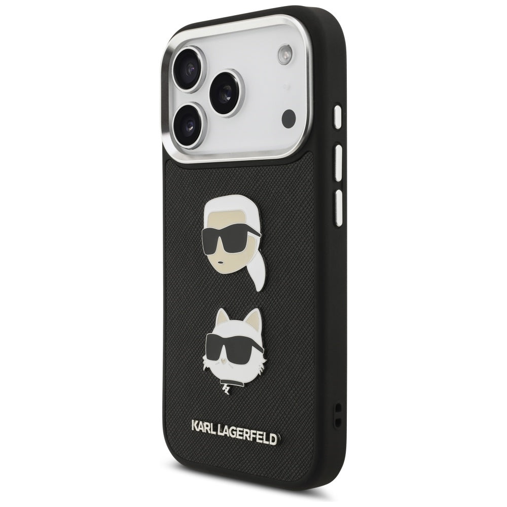 Ovitek za Apple iPhone 17 Pro, Karl Lagerfeld, Grained Karl & Choupette's Heads Pins and Logo, črn