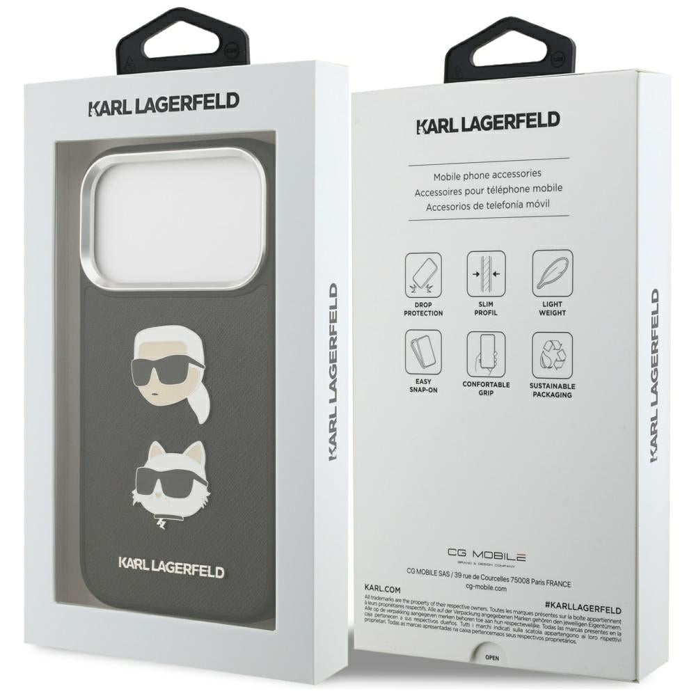 Ovitek za Apple iPhone 17 Pro, Karl Lagerfeld, Grained Karl & Choupette's Heads Pins and Logo, črn