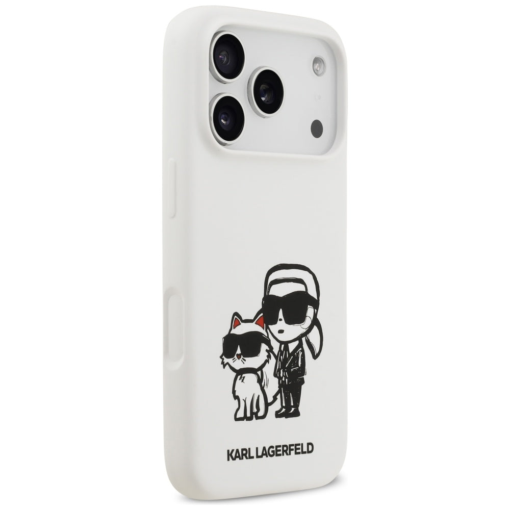 Ovitek za Apple iPhone 17 Pro, Karl Lagerfeld, Sketch and Logo Karl & Choupette, Bela