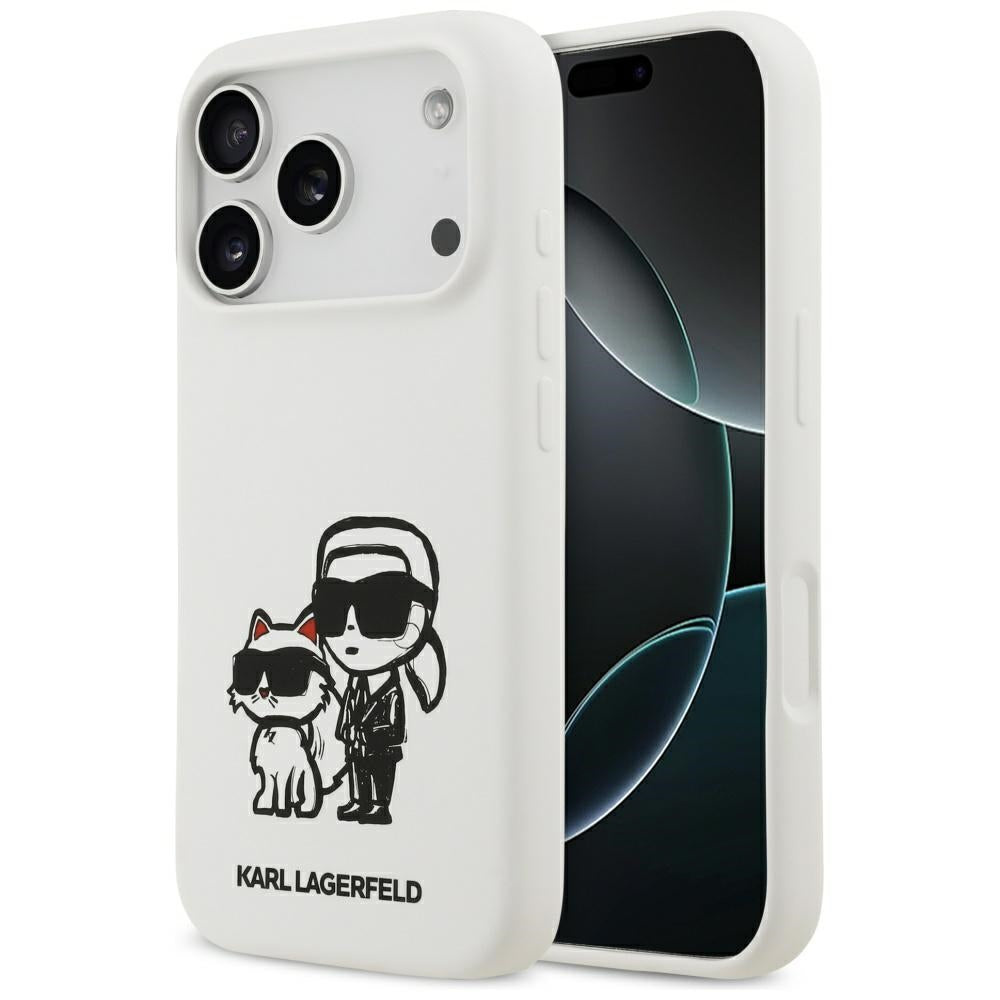 Ovitek za Apple iPhone 17 Pro, Karl Lagerfeld, Sketch and Logo Karl & Choupette, Bela