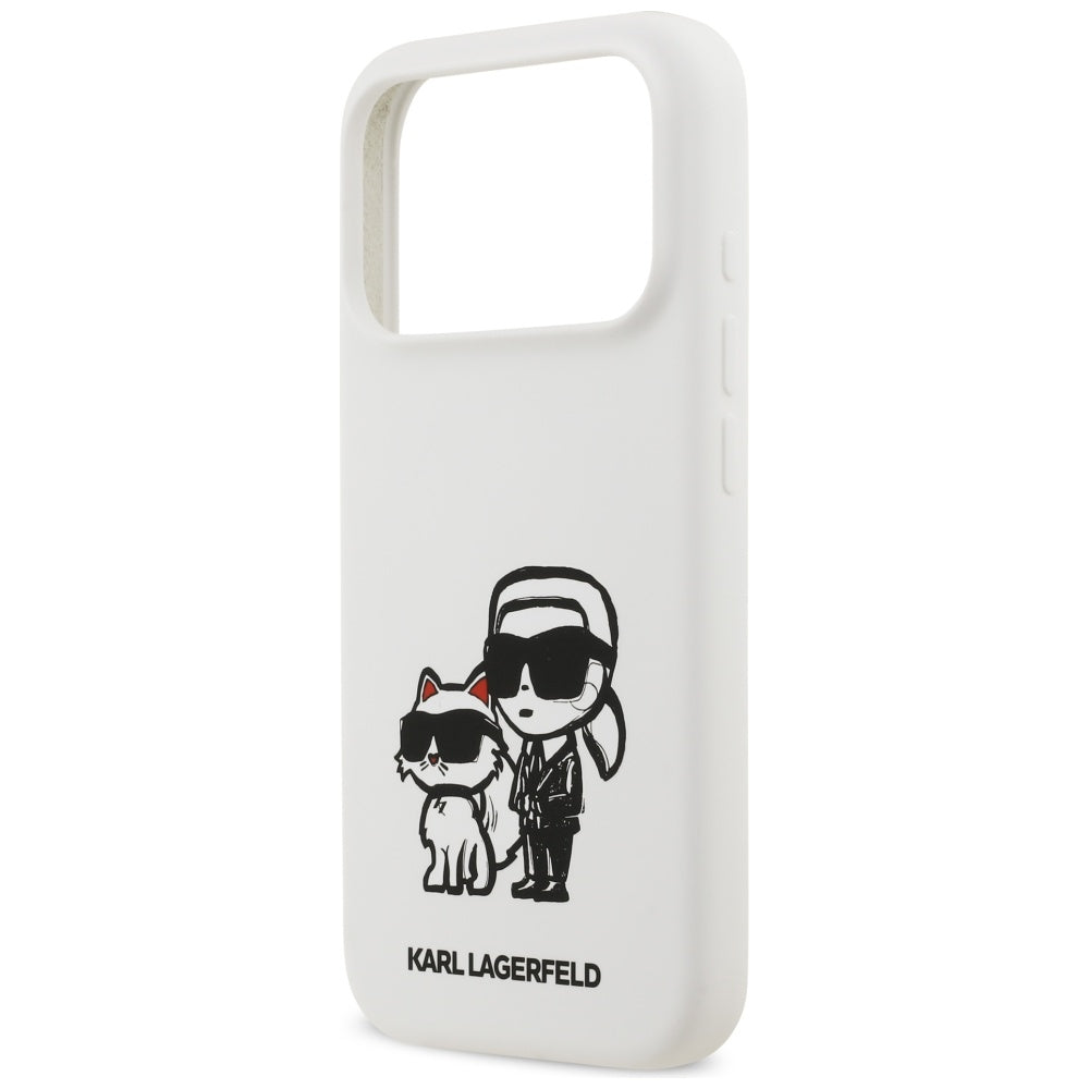 Ovitek za Apple iPhone 17 Pro, Karl Lagerfeld, Sketch and Logo Karl & Choupette, Bela