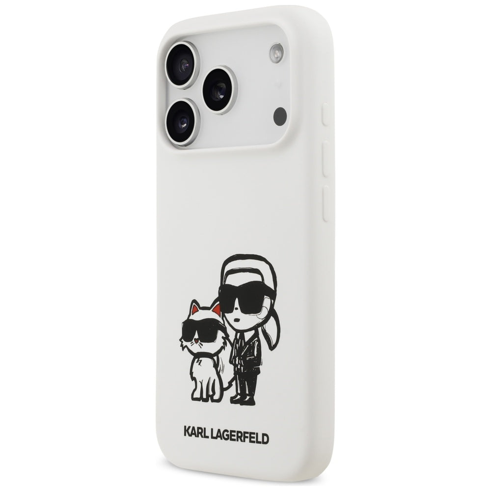 Ovitek za Apple iPhone 17 Pro, Karl Lagerfeld, Sketch and Logo Karl & Choupette, Bela
