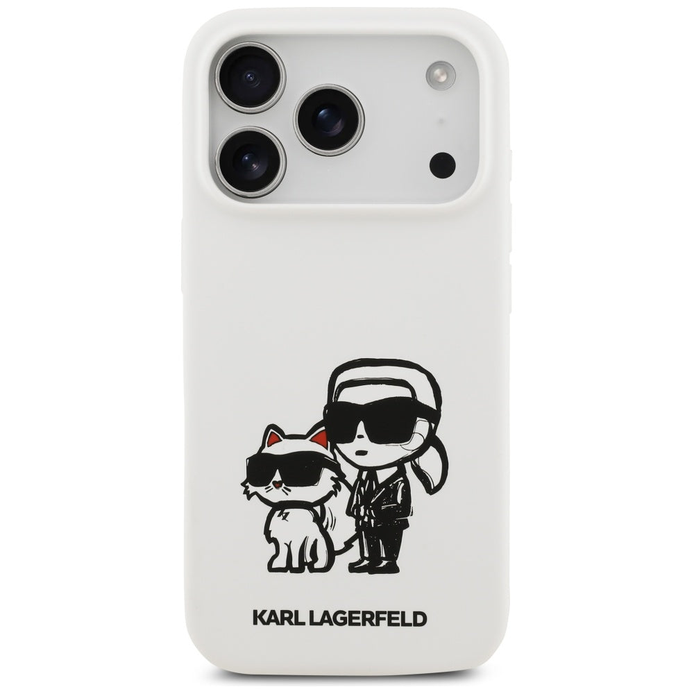 Ovitek za Apple iPhone 17 Pro, Karl Lagerfeld, Sketch and Logo Karl & Choupette, Bela