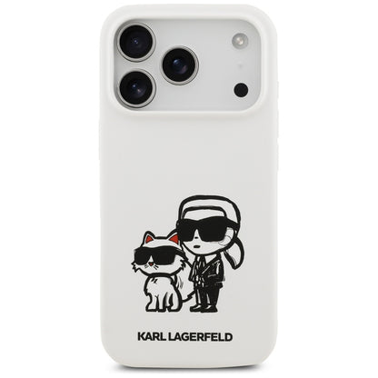 Ovitek za Apple iPhone 17 Pro, Karl Lagerfeld, Sketch and Logo Karl & Choupette, Bela