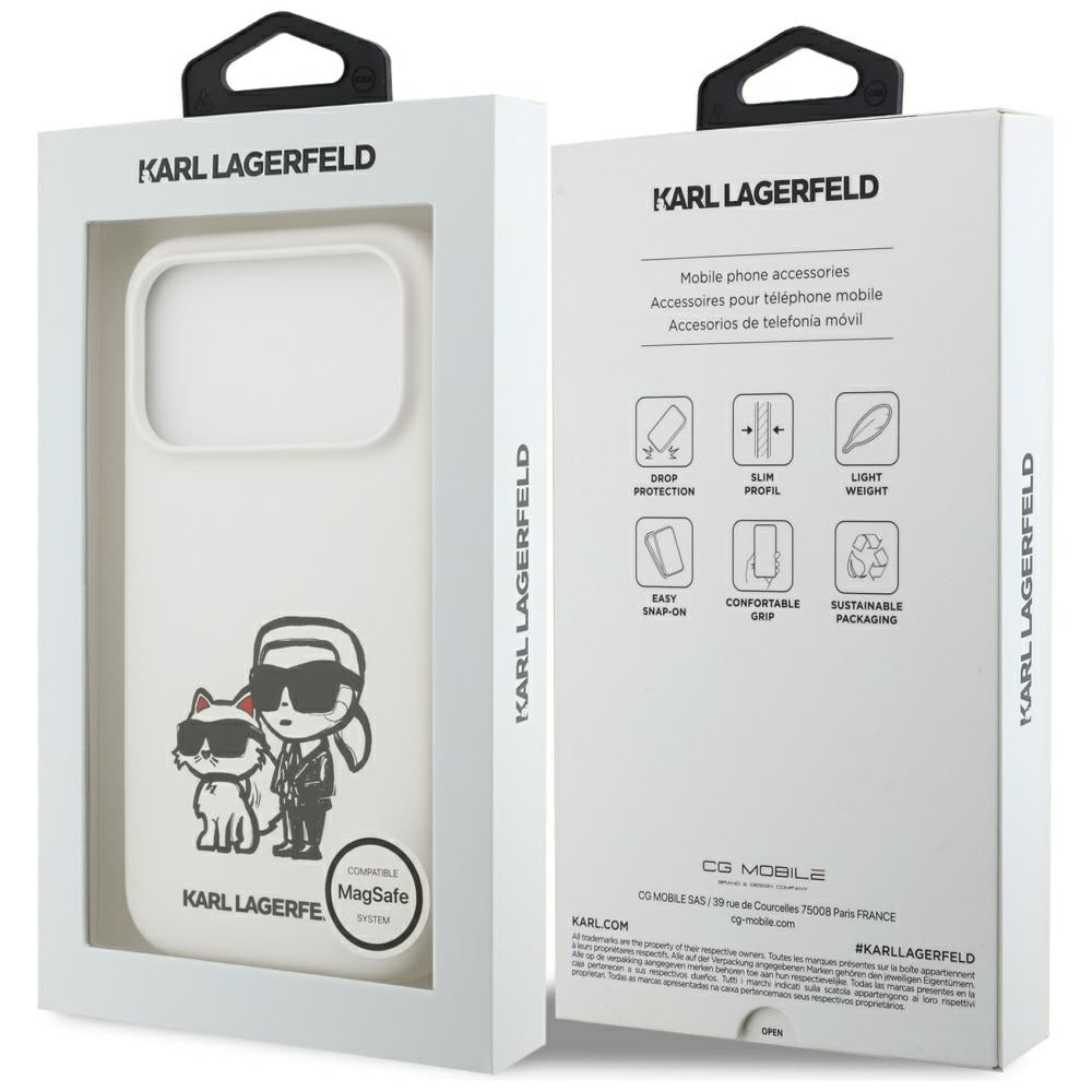 Ovitek za Apple iPhone 17 Pro, Karl Lagerfeld, Sketch and Logo Karl & Choupette, Bela