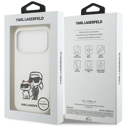 Ovitek za Apple iPhone 17 Pro, Karl Lagerfeld, Sketch and Logo Karl & Choupette, Bela