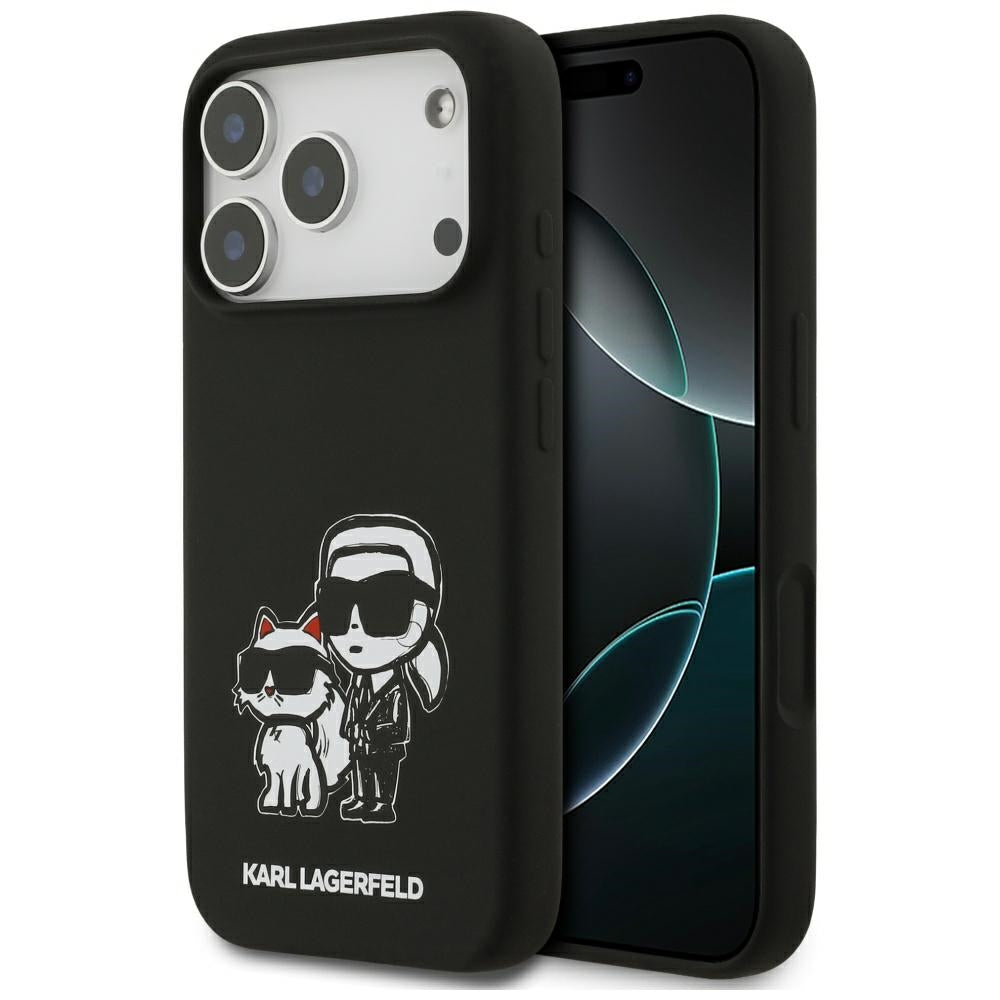 Ovitek za Apple iPhone 17 Pro, Karl Lagerfeld, Sketch and Logo Karl & Choupette, črn