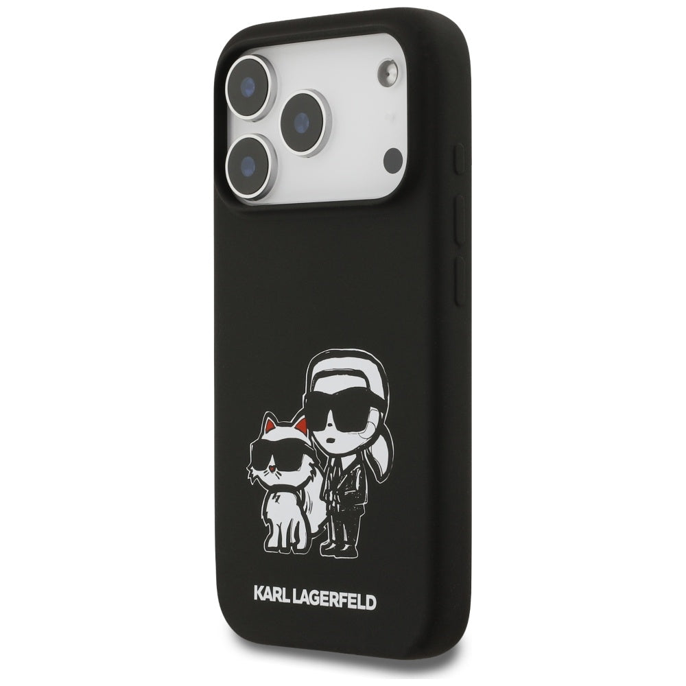 Ovitek za Apple iPhone 17 Pro, Karl Lagerfeld, Sketch and Logo Karl & Choupette, črn