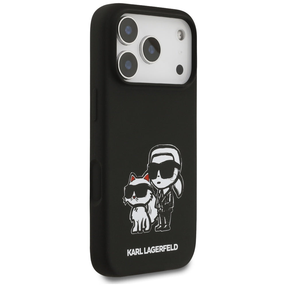 Ovitek za Apple iPhone 17 Pro, Karl Lagerfeld, Sketch and Logo Karl & Choupette, črn