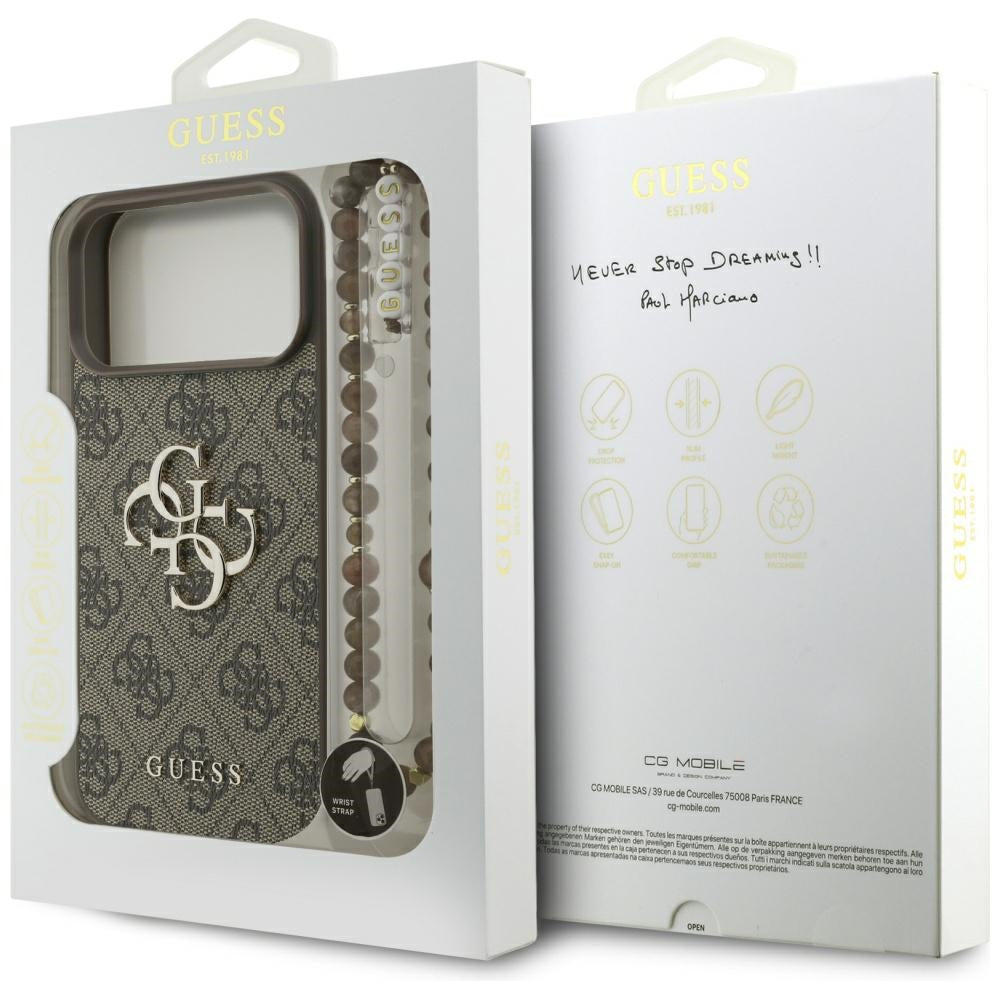 Ovitek za Apple iPhone 17 Pro Max, Guess, 4G Classic Logo with Pearl Strap, rjava