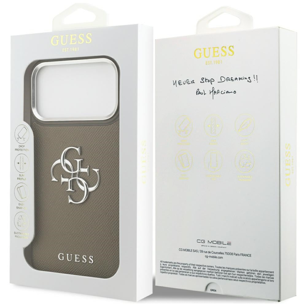 Ovitek za Apple iPhone 17 Pro Max, Guess, 4G Grained Big And Classic Logo, Srebrno rjava