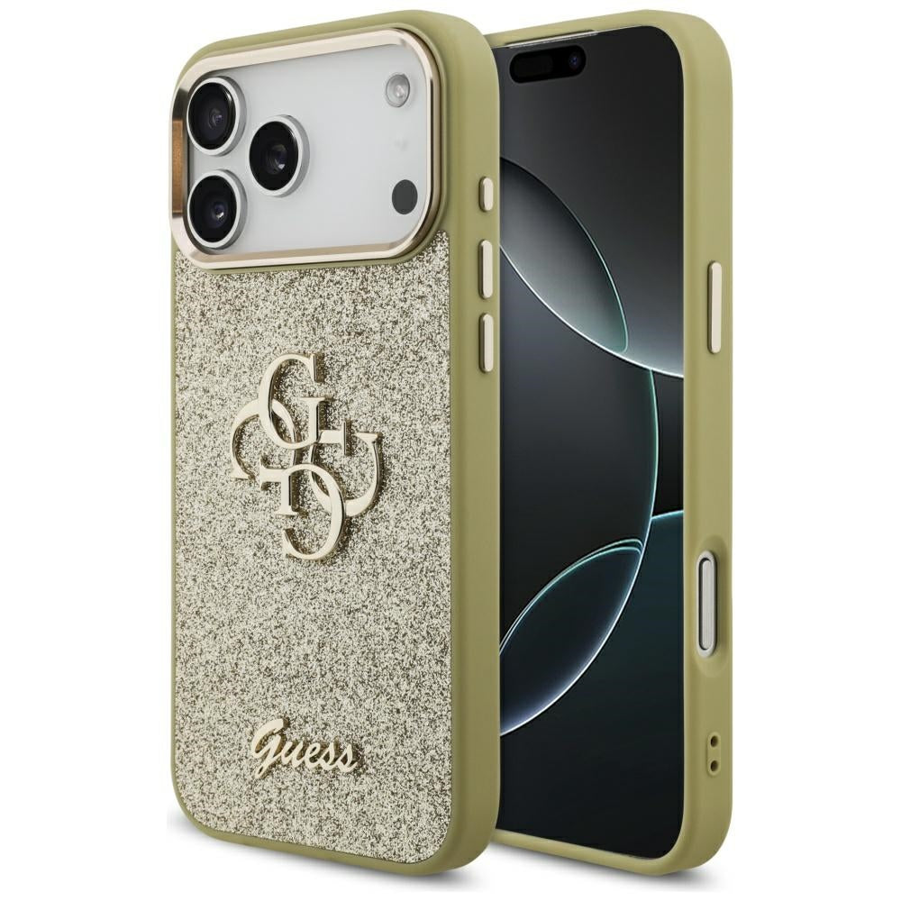 Ovitek za Apple iPhone 17 Pro Max, Guess, Fixed Glitter Big 4G Metal Frame, Zlat.