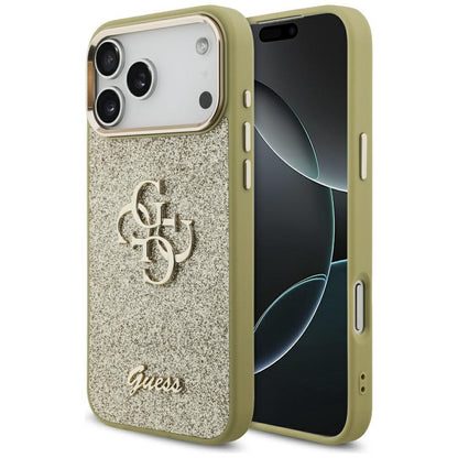 Ovitek za Apple iPhone 17 Pro Max, Guess, Fixed Glitter Big 4G Metal Frame, Zlat.